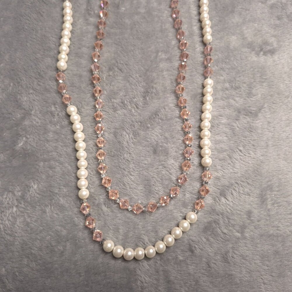 Vintage Pink Beads & Faux Pearl Necklaces Barrel Screw Clasp Matching Set